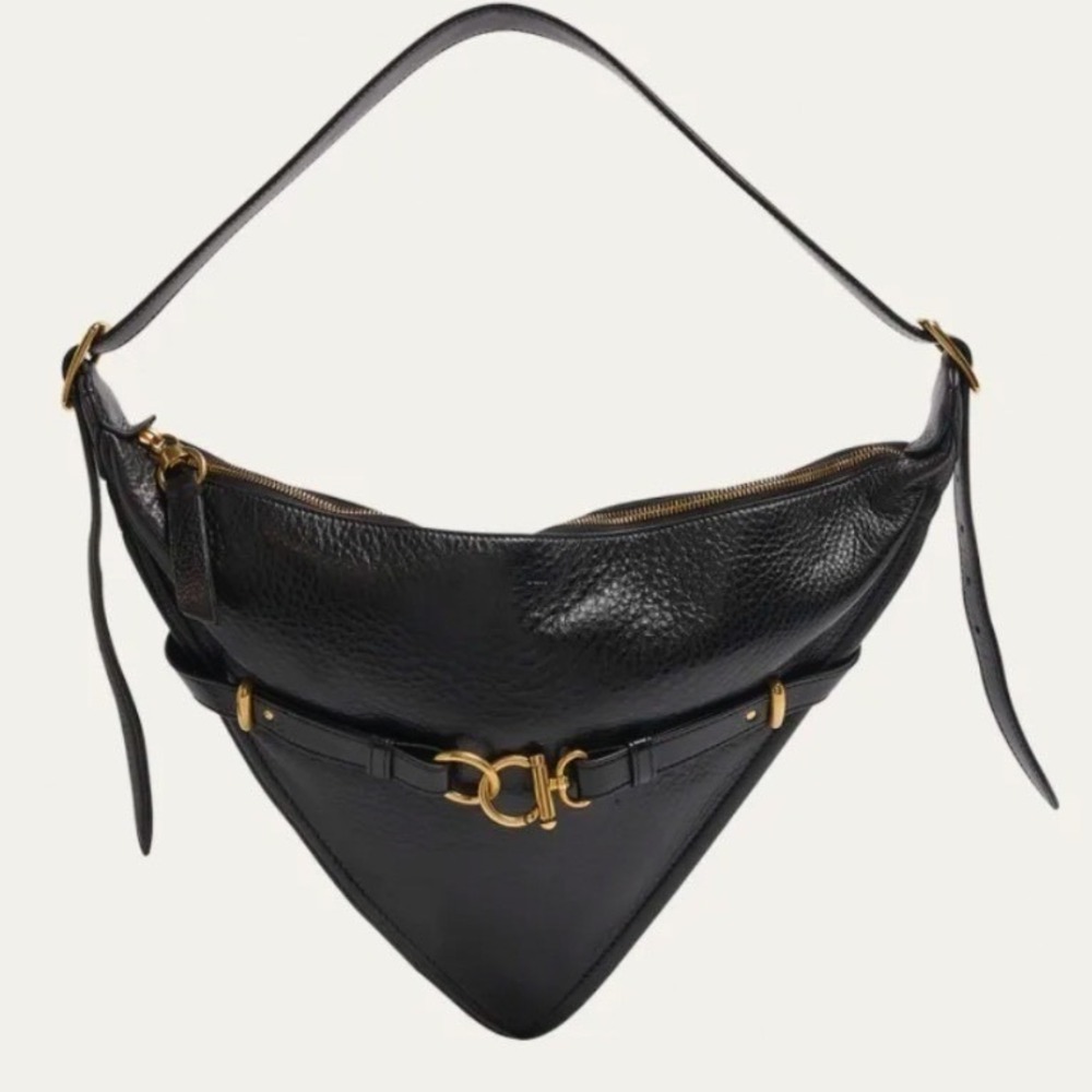 Chloé Black Leather Triangular Crossbody Bag with Gold Hardware (Rare)